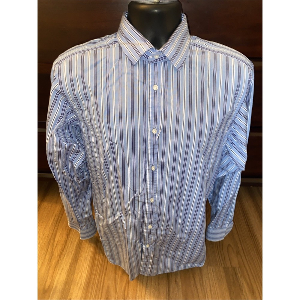 Ralph Lauren Purple Label Shirt Mens Sz 16 Blue Striped Button Up Made In Italy